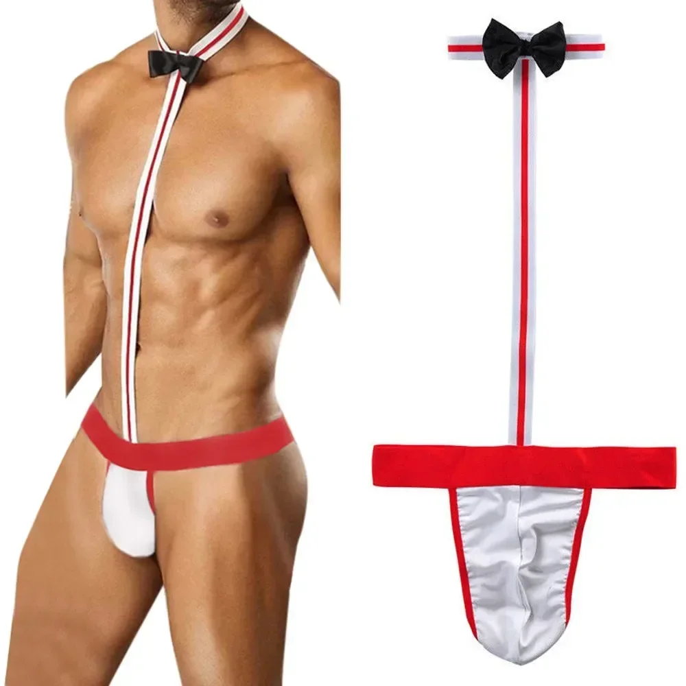 Men Sexy Exotic Clothing Novelty Mankini Thongs Bowknot Tie Bodysuit Costume Gay Body Briefs Fun Jockstrap G-Strings Lingerie image 3