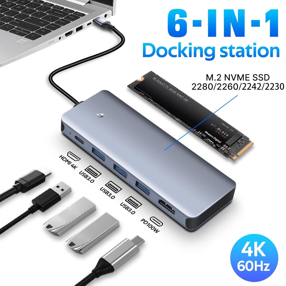 FENVI 6-IN-1 M.2 NVME SSD Case Docking Station USB C HUB USB C Docking Station ype-C to HDMI Adapter For Macbook Pro