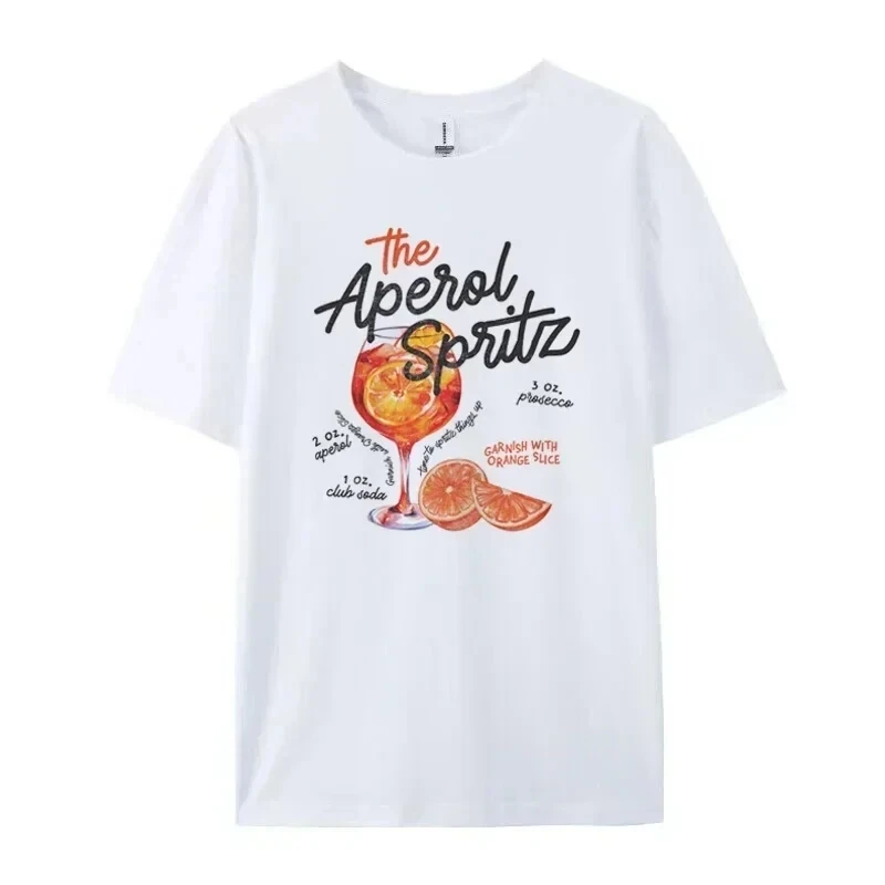 Women\'s Retro Cocktail Printed Aperol Spritz Printed T-shirt Cute Alcoholic Beverage T-shirt Loose Cotton Couple Printed T-shirt