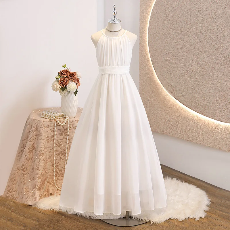 Tween Girls White Dress Elegant Halter Neck Chiffon Maxi Dress Junior Bridesmaid Formal Wedding Party Dresses for Kids 8-12 Teen