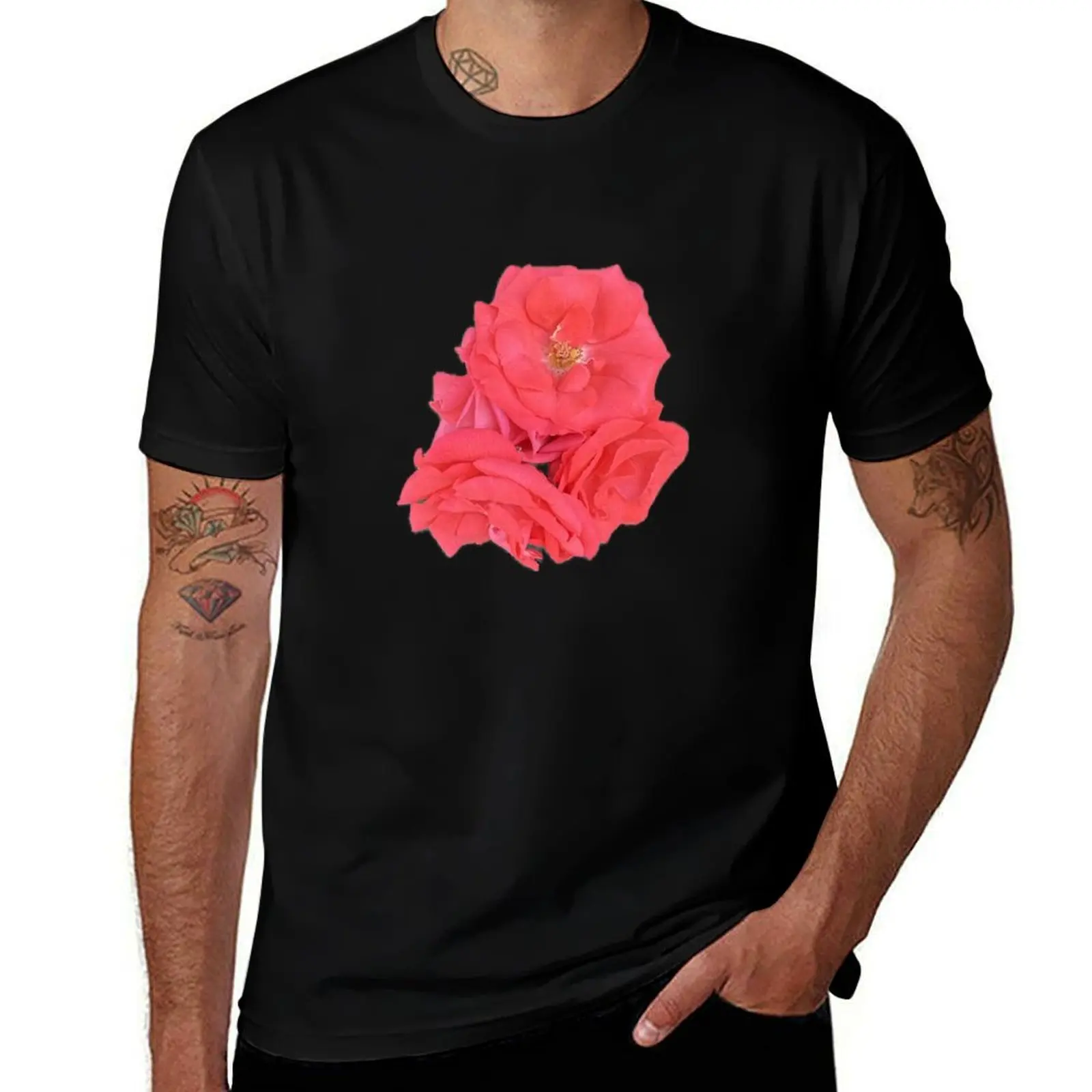 

Coral Pink Roses – Romantic Garden Cluster T-Shirt Short sleeve tee valentines clothes tops t shirts for men cotton
