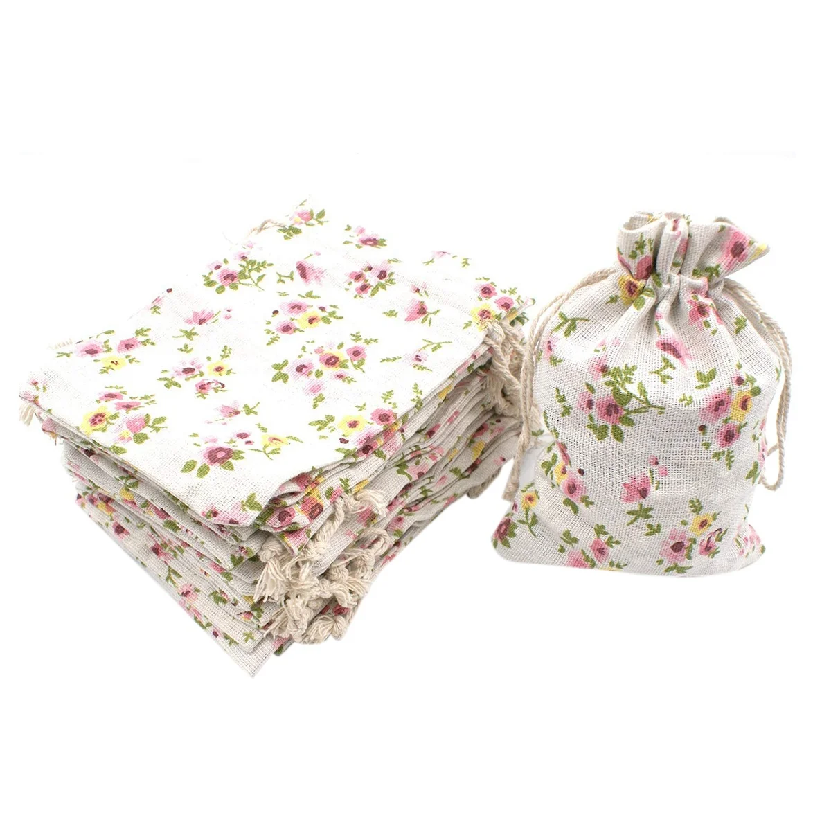 [Value Pack]50Pcs Floral Burlap Drawstring Bags, Linen Gift Bag Jewelry Pouches Sacks for Christmas Wedding Party, 5.3 x 3.9 Inc
