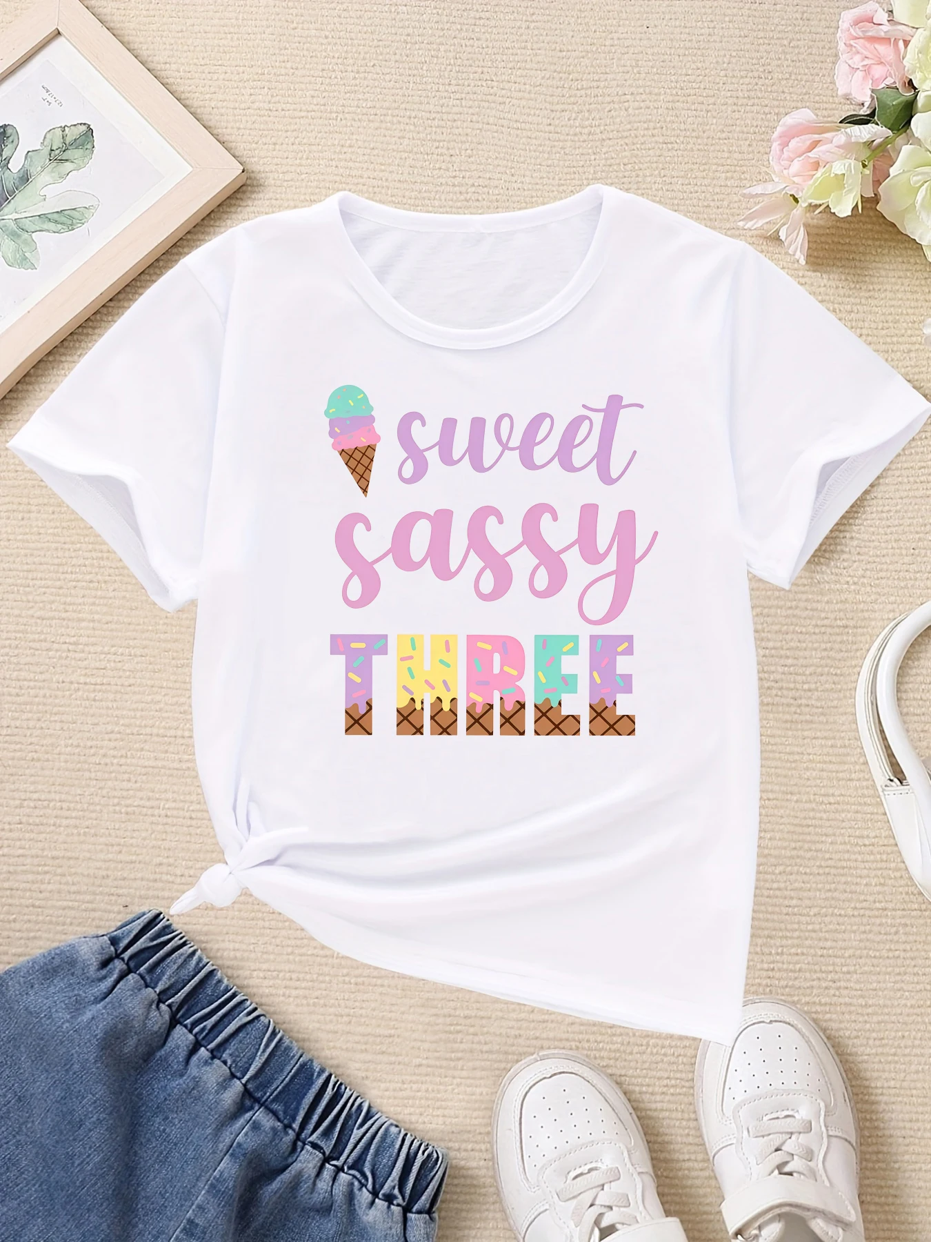 Sweet Three Sassy  Ice Cream Printed T Shirt Girls 3rd Birthday Gift T-Shirt Summer Short Sleeve T-Shirt Kawaii Kids Clothes