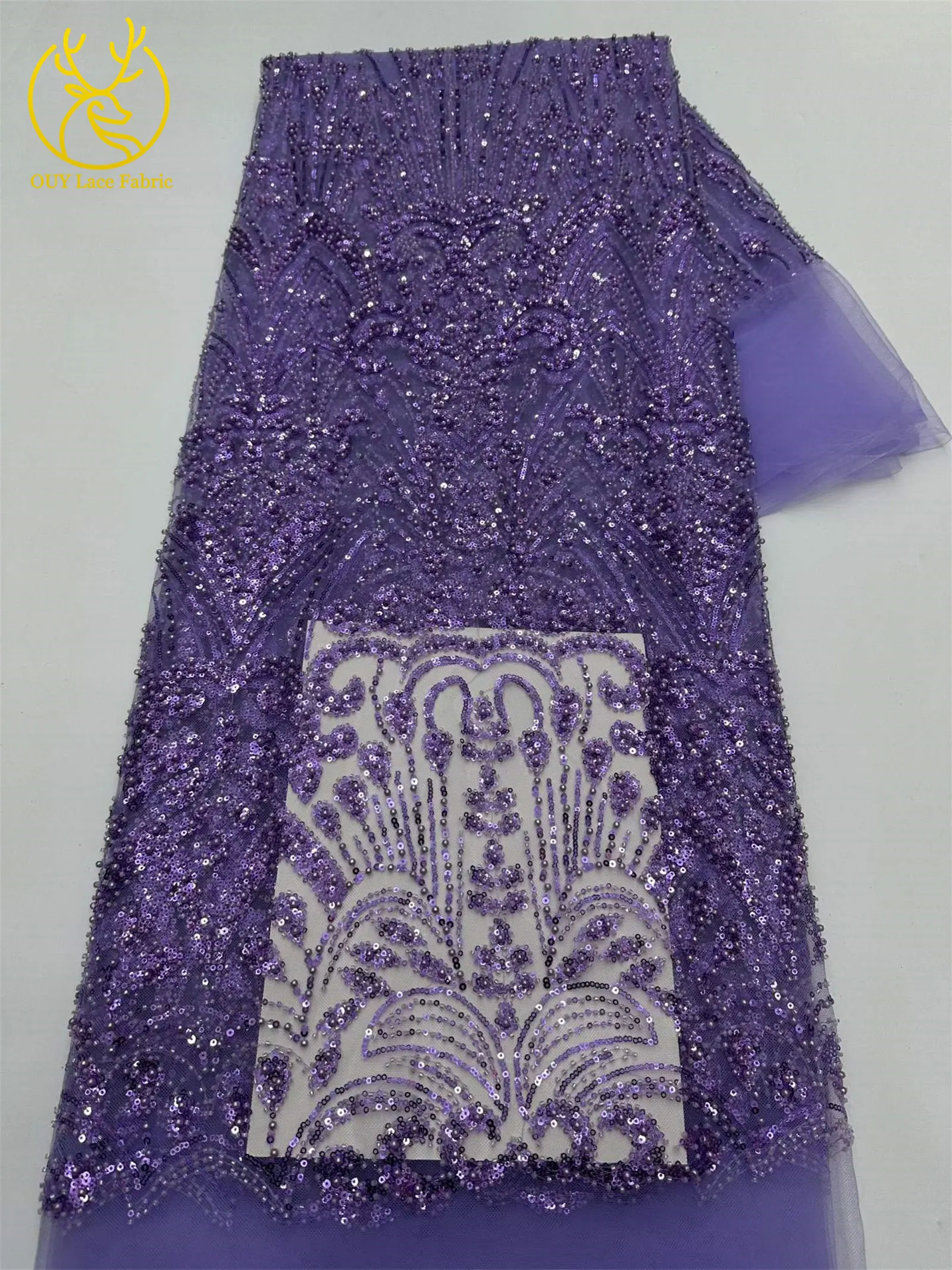 Goldener Luxus-Spitzenstoff mit Perlen und Pailletten, 5 Yards, afrikanischer Spitzenstoff, hochwertiger nigerianischer Netzspitzenstoff für Partykleider und Näharbeiten – Detail 11