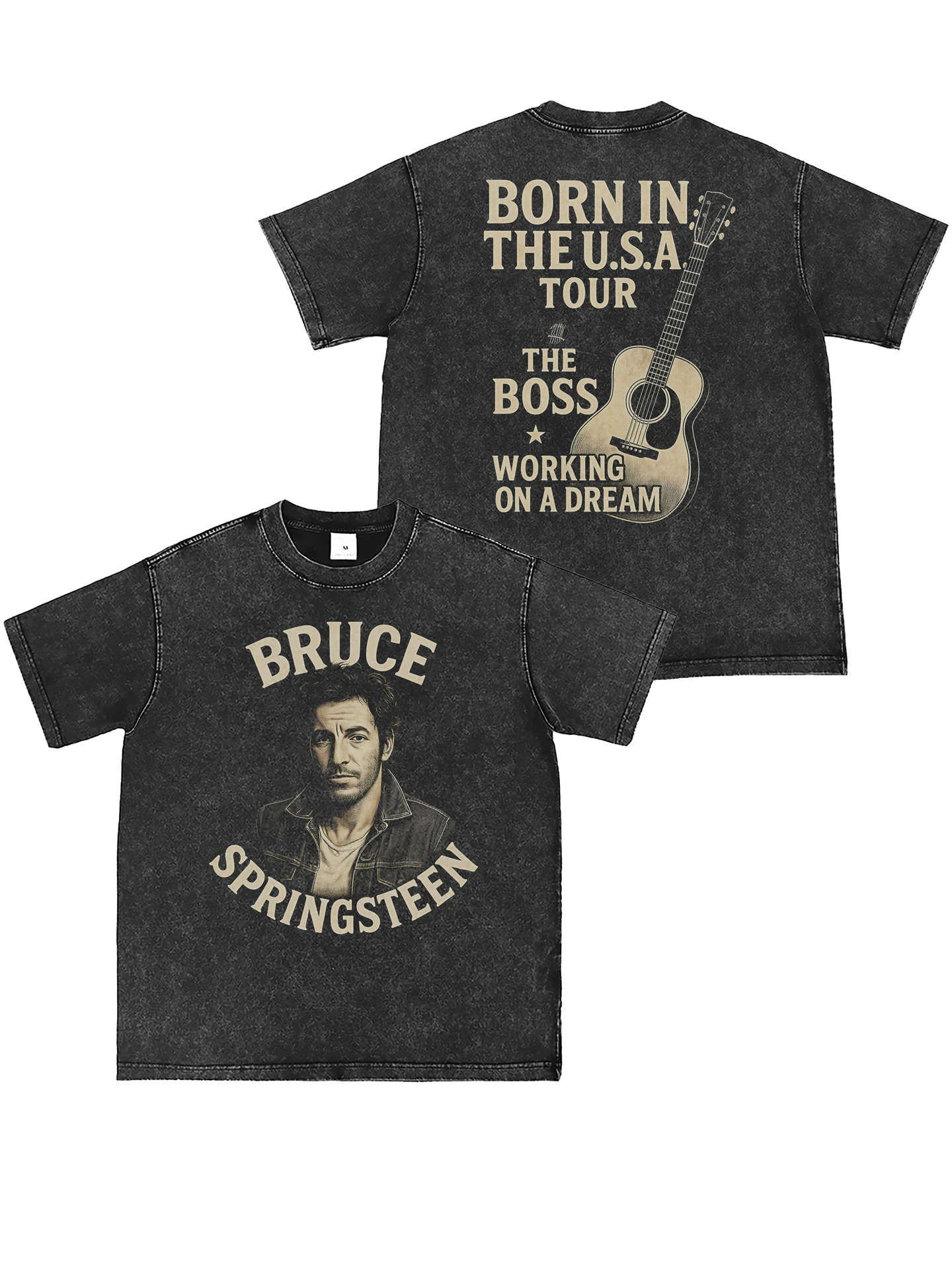 Bruce Springsteen Punk Rock Short Sleeve T-Shirt Washed Direct Spray American Style Vintage Grey Streetwear Casual Cotton Tee