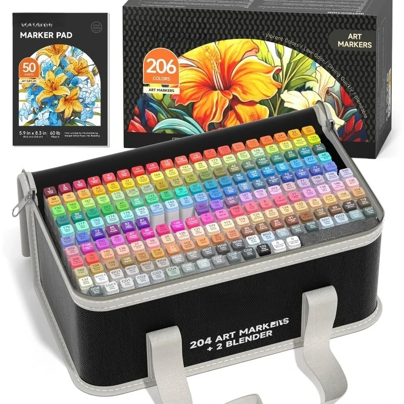 

Art 205 Colors Dual Tip Alcohol Markers, 204 Colors Permanent Marker Plus 1 Blender 1 Marker Pad 1 Case and Color Chart