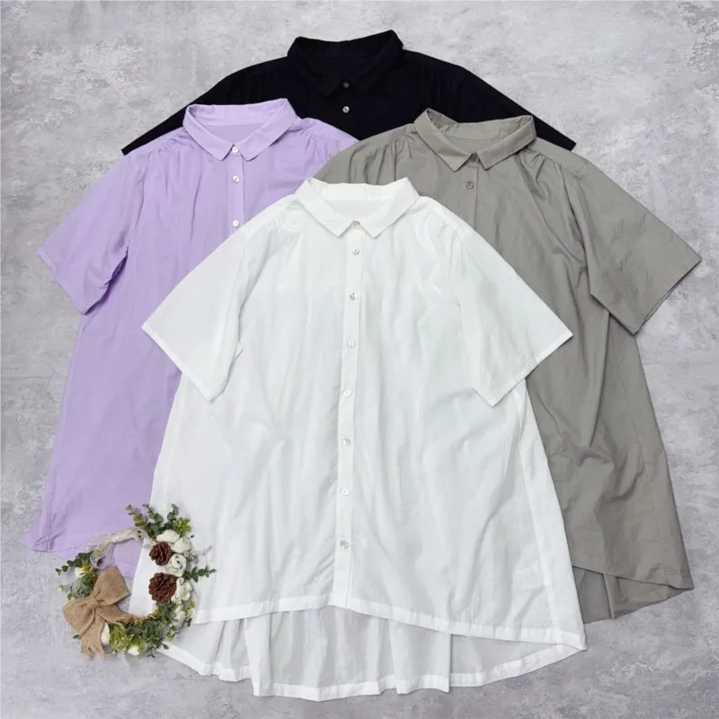 

Johnature New Japanese Cotton Lapel Long Shirt 2025 Summer Casual Simple Loose Thin Irregular Women Tops