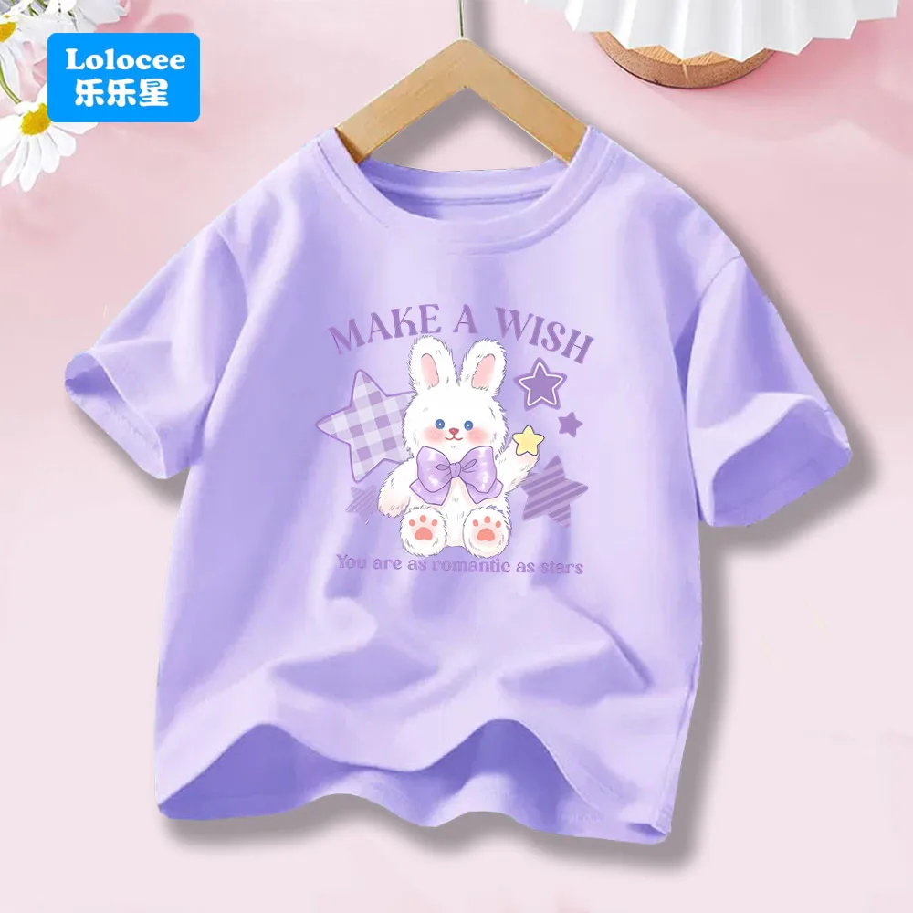 Girls' O-neck Cute Bunny & Stars Print Crew Neck T-Shirt Casual Short Sleeve Cute Rabbit Print Summer Top Tee XXX01