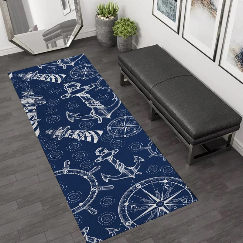 Nautical Lighthouse Navy Blue Rug Carpet Mat Home Decoration Non-Slip Hallway Ship Wheel Compass Pattern Door Mat