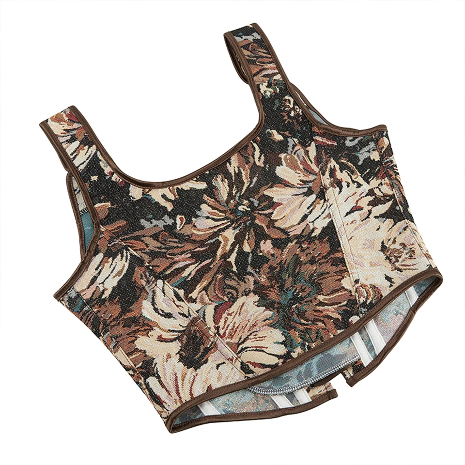 Becirzet Französisches Vintage Damenkorsett Bustier mit Blumenmuster, ärmelloses Schnür-Crop-Top, Taillenformer, Camisole – Detail 6
