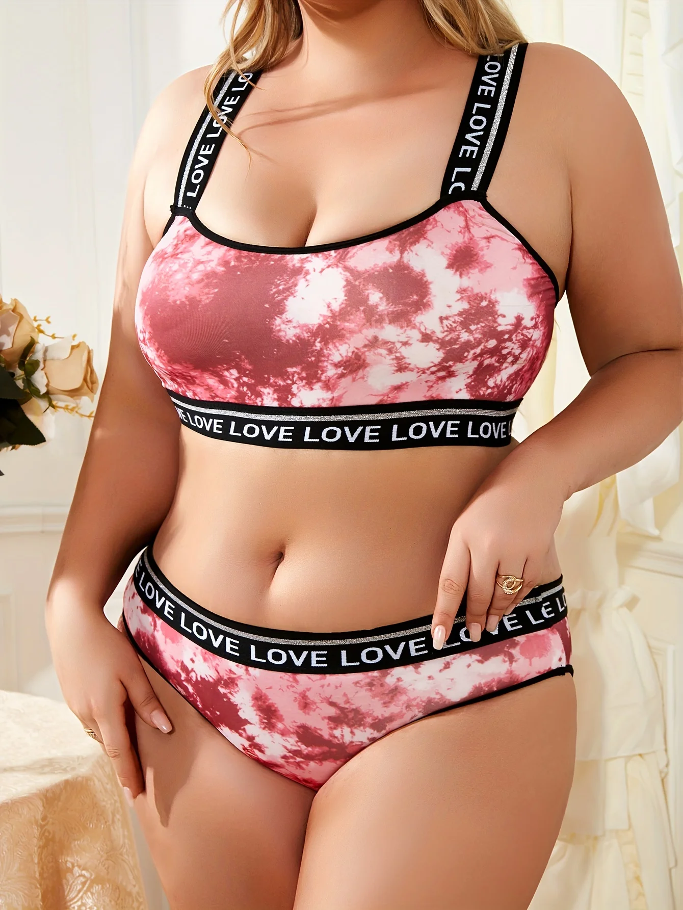 Sporty Lingerie Set Women\'s Plus Tie Dye Letter Print Criss Cross Bra & Underwear Lingerie Two Piece Set Plus Size