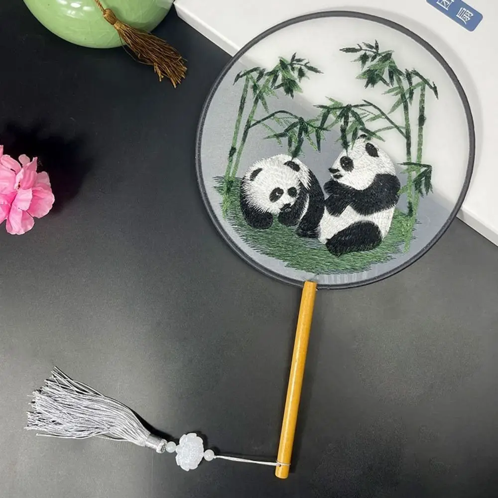 Creative Embroidered Silk Fan Cute Panda Chinese Style Embroidery Round Fan Wooden Handle Translucent