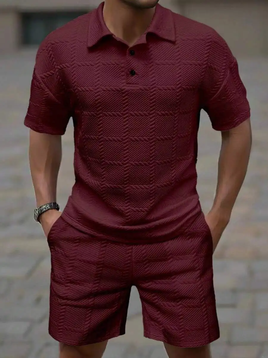 

Men's Textured Short Sleeve Casual Polo Shirt and Shorts Set in Burgundy