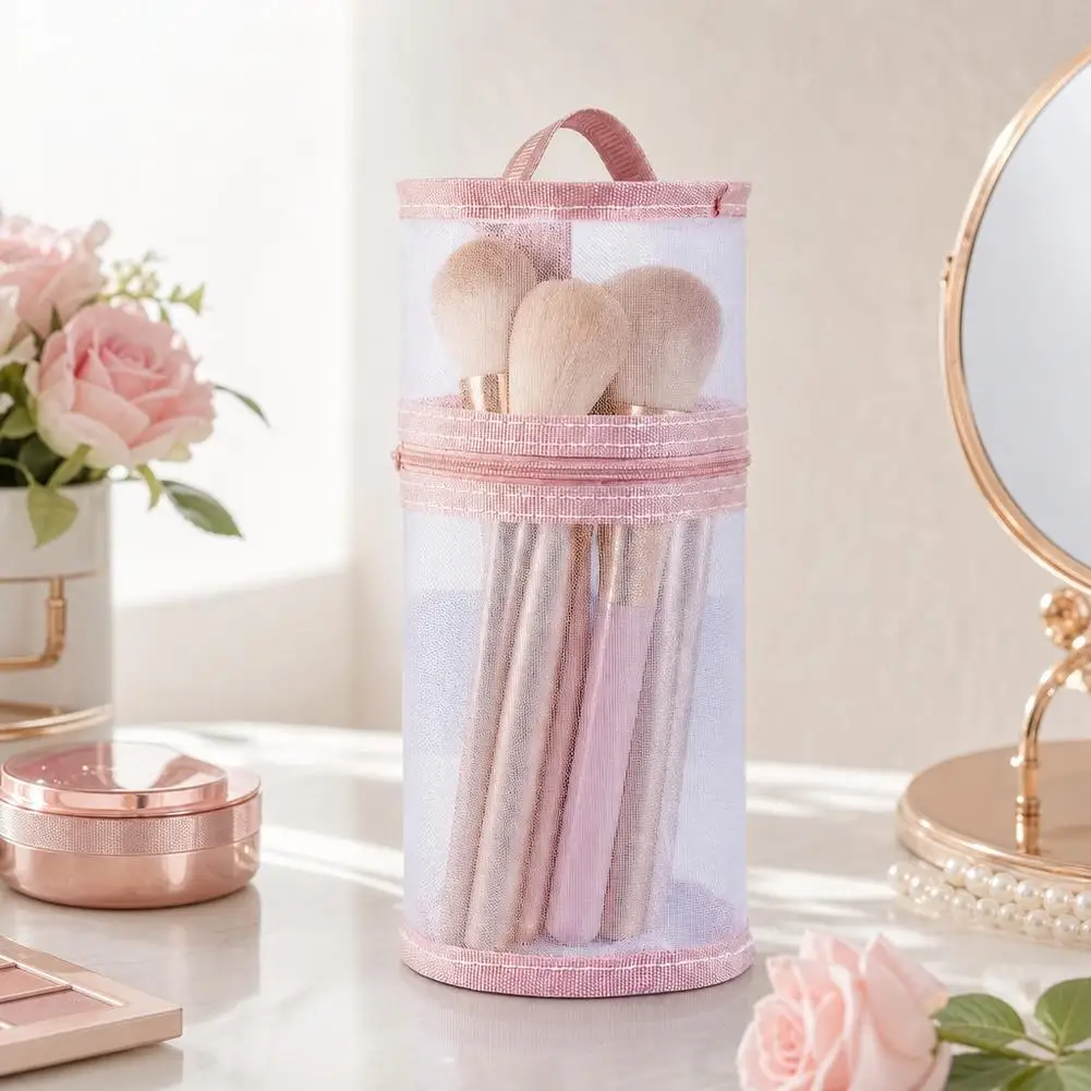 Mesh Makeup Brush Holder Bag Standing Travel Cosmetic Case Portable Cylinder Makeup Brush Storage Pouch Organizer For Women