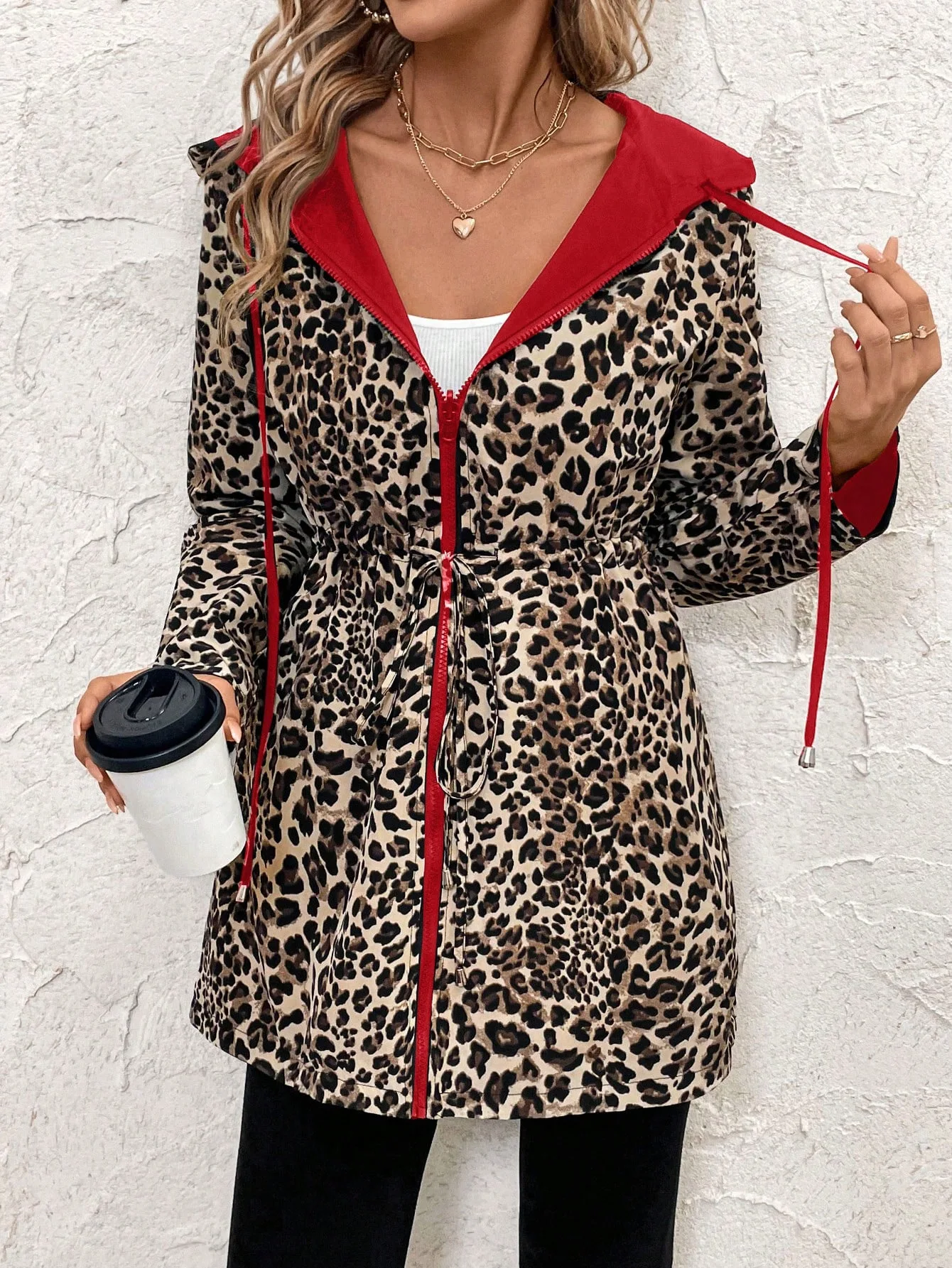Women's Leopard Print Hooded Jacket Zipper Casual Long Outerwear Belted Long Sleeve Two-Sided Patterned