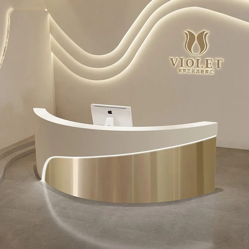 Curved beauty salon checkout page Light luxury stainless steel clothing store Bar table Company front desk Reception desk