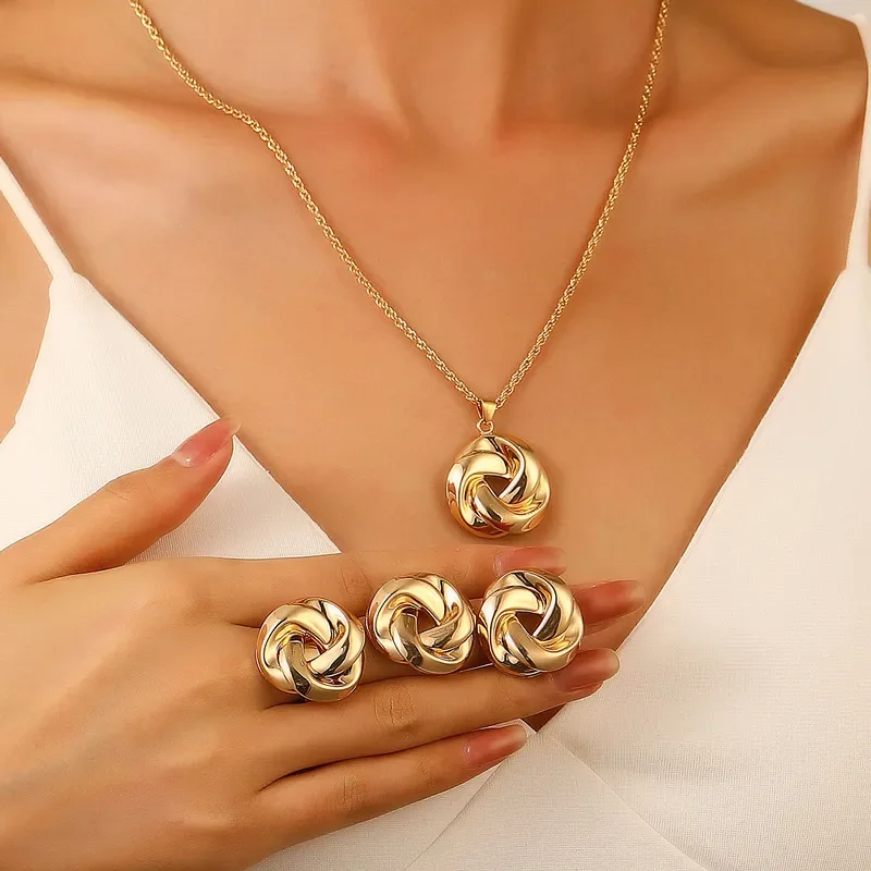 New Fashion Elegant Metal Exaggerated Glossy Twist Necklace Ring Earrings Three Piece Set For Women Party Jewelry Birthday Gifts