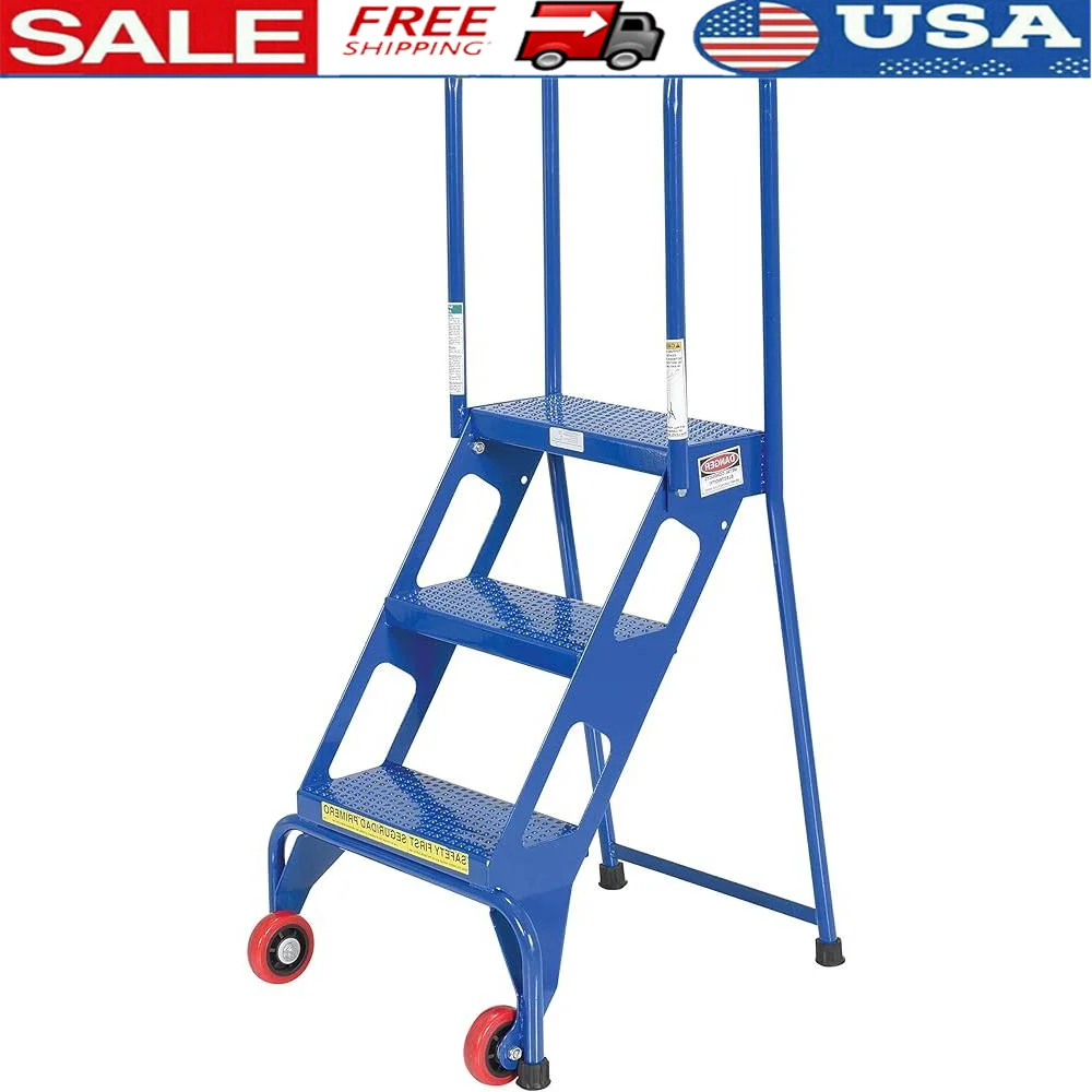 

3 Step Folding Ladder with Wheels Easy Carry Non Slip Design Space Saving Locking Mechanism Heavy Duty Use