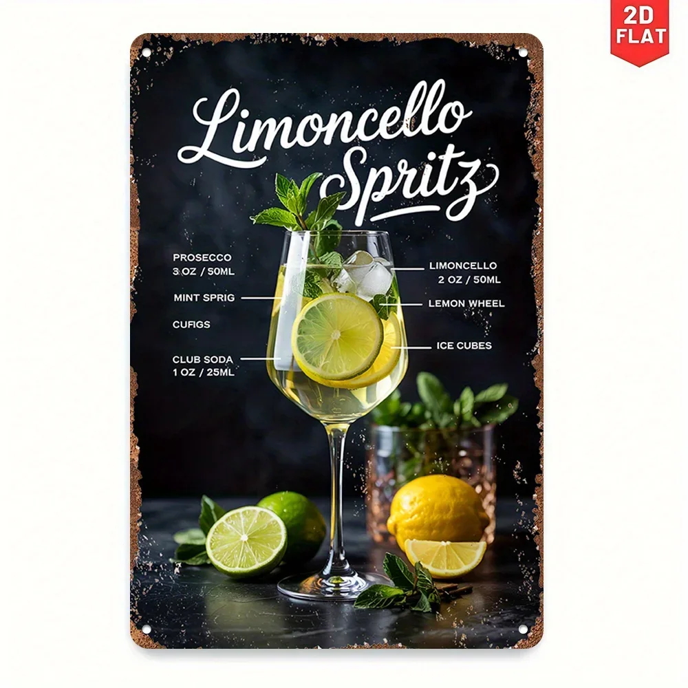 2D Flat,  Aluminum Sign - Vintage Limoncello Spritz Cocktail Recipe Wall Art, Rustic Home Decor for Bars, Cafes, Offices