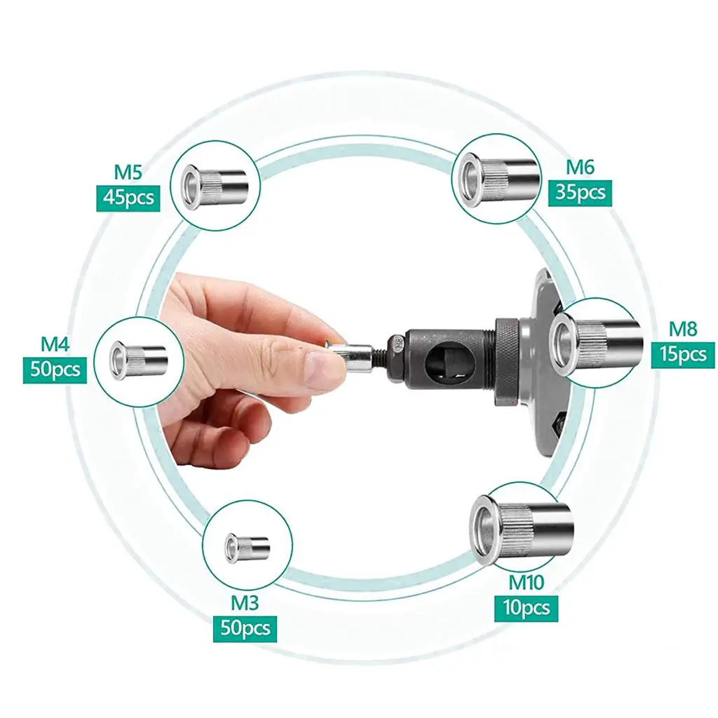 Rivet Nut Premium Automatic Tool Set with 205pcs Steel Threaded Inserts M3 M4 M5 M6 M8 M10 for Metal Furniture Boat Building