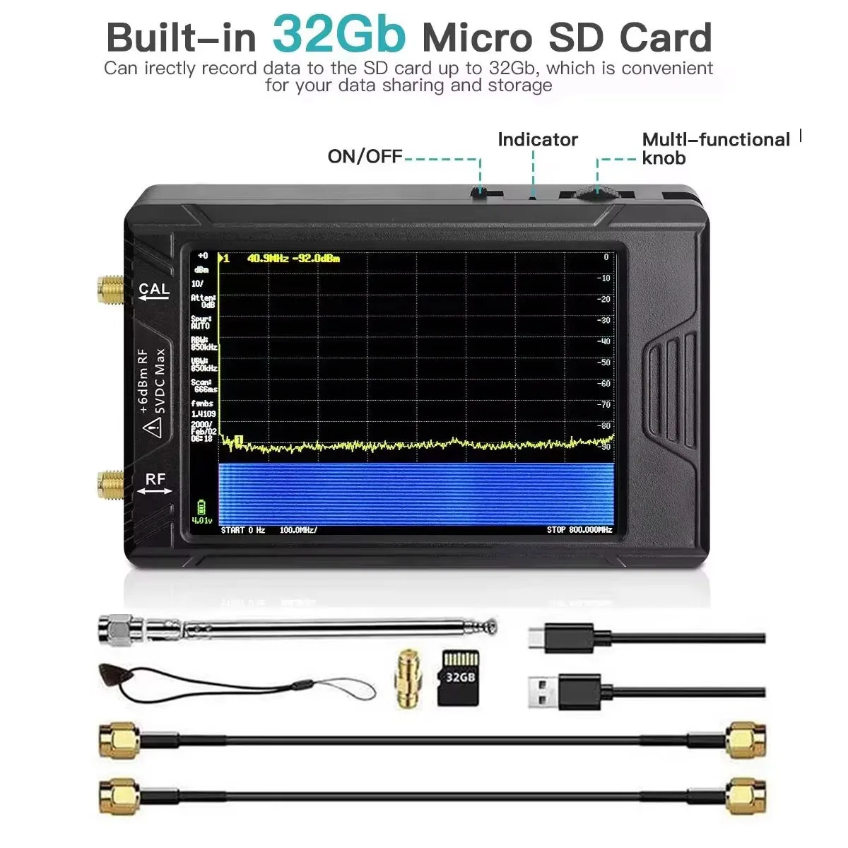 New Handheld Tiny Spectrum Analyzer 100k-5.3GHz RF Signal Generator with 4inch Display for tinySA-ULTRA with battery