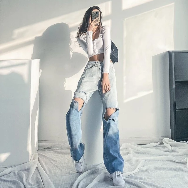Pantaloni Jeans Denim per donna 2024 Jeans larghi larghi coreani dritti strappati Jeans larghi Y2k pantaloni estivi lunghi Vintage da donna AliExpress
