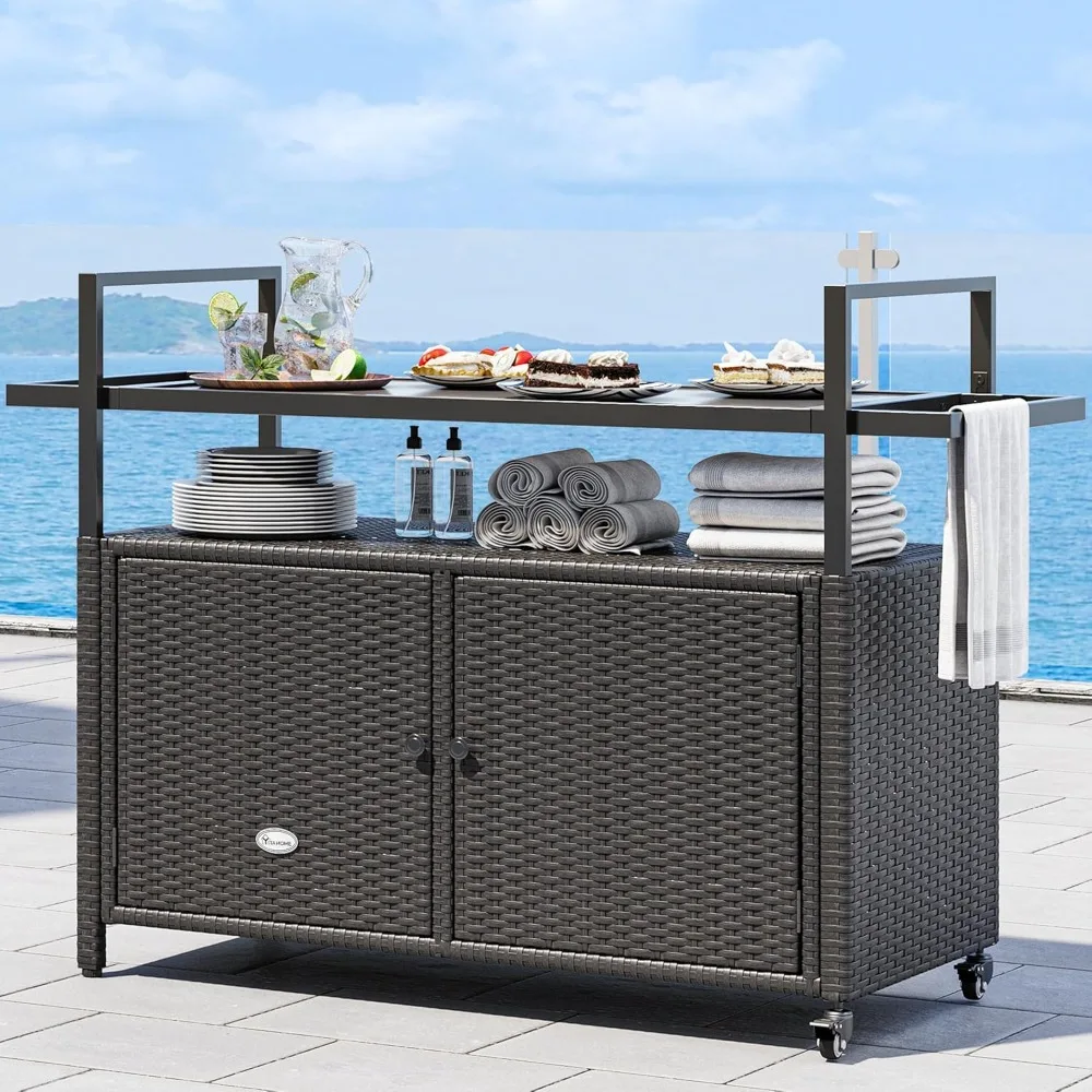 

Large Outdoor Kitchen Wicker Island Rolling Cart & Patio Bar Table, w/Wheels and Black Glass Table Top Backyard and Poolside