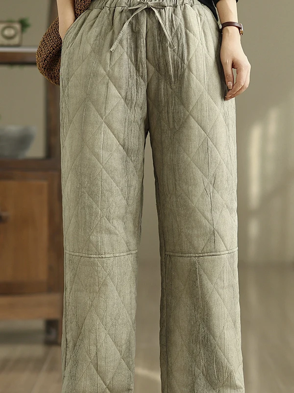 Thiened calças de algodão feminino inverno tamanho grande tingido cintura elástica quente calças de perna reta casual cintura alta calças de perna larga