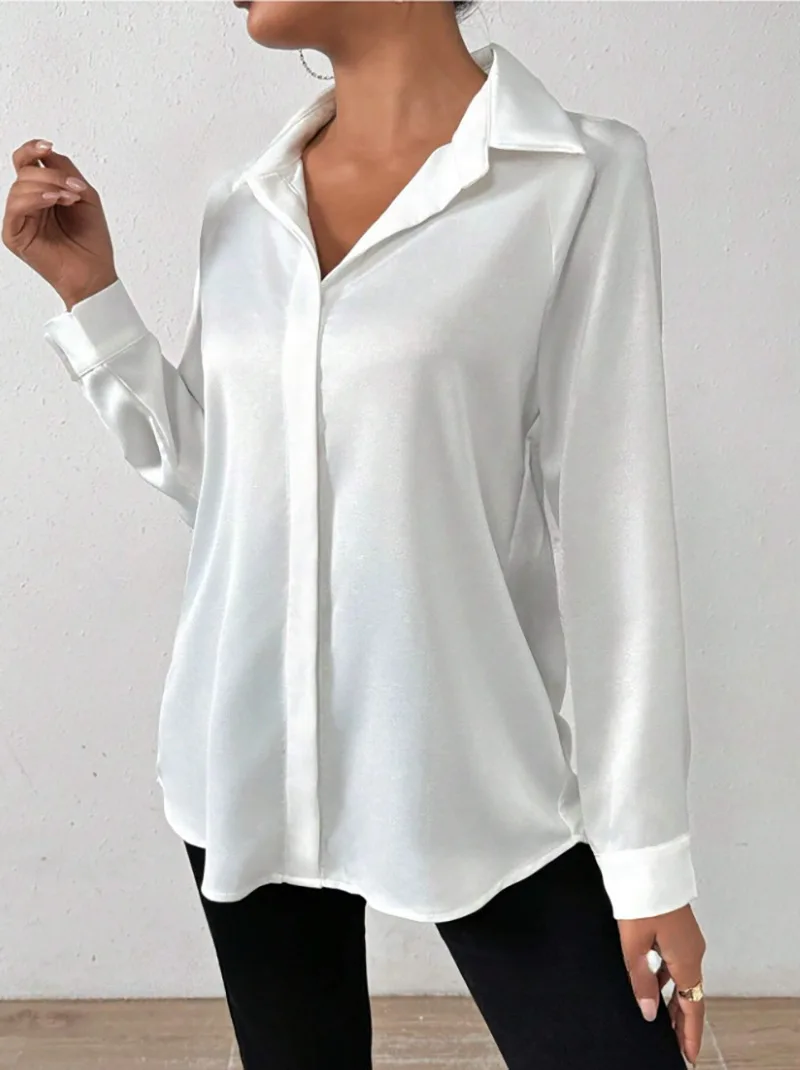Women\'s Long Sleeve Silk-like Shirt European American Style Cross-border Clothing High-quality Fashionable Ladies Blouse