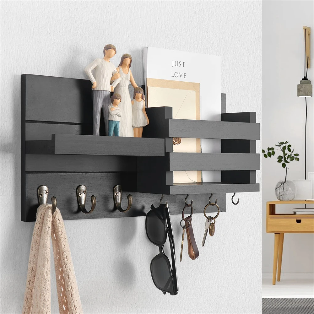 E2 Rustic Wall Mounted Mail Organizer for Wall Entryway Decor Wooden Key Holder & Floating Shelf for Hanging Coats Dog Leashes