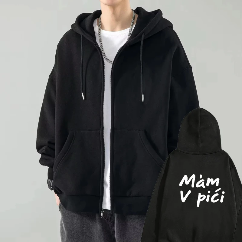 

Mens Hooded Jacket Black Printed Mam V Pici Text Casual Streetwear Hoodie for Daily Wear and Outdoors