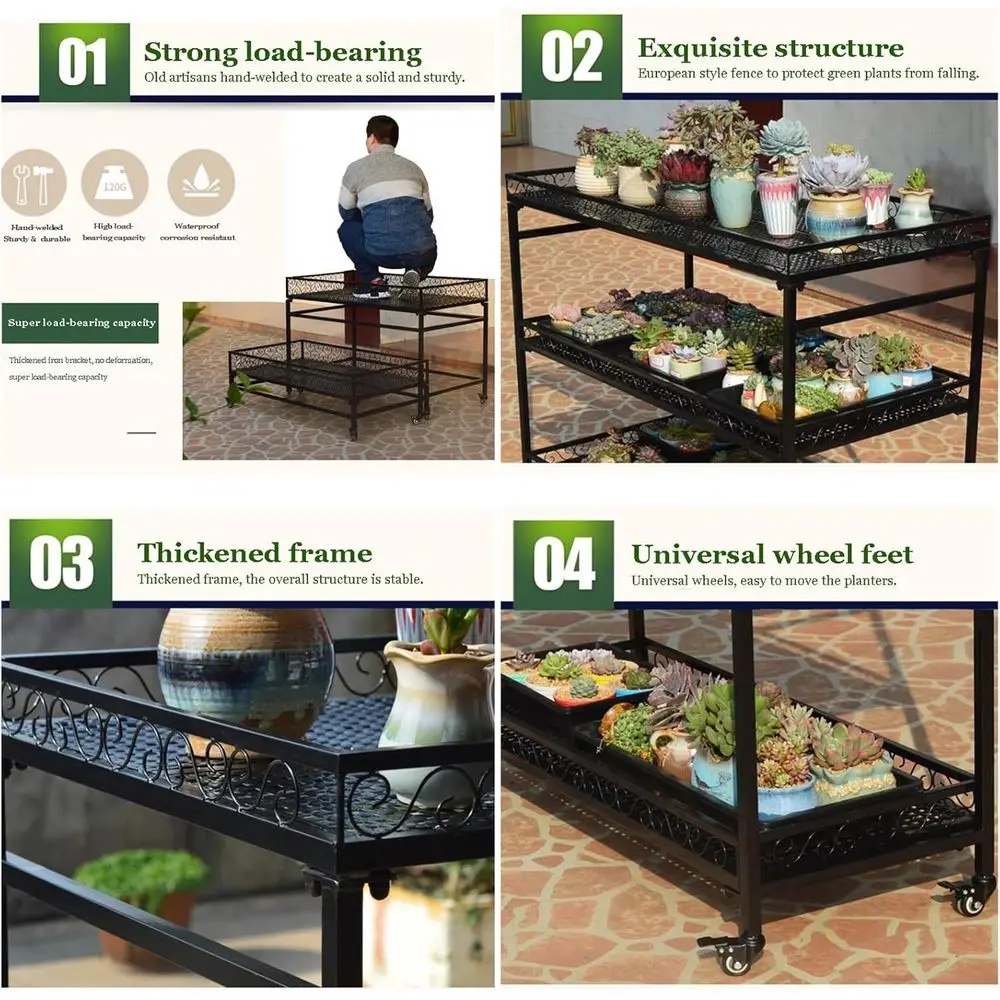 2-Tier Rolling Metal Plant Stand - Ladder Style Pot Rack for Indoor & Outdoor Flower Displays