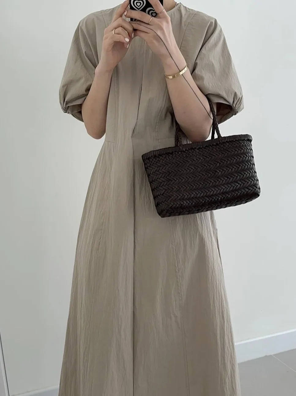 

Chic Retro round Ne Splice Design High Waist Slim Bubble Sve Dr Women's Faionable Commute Sle Spring Autumn