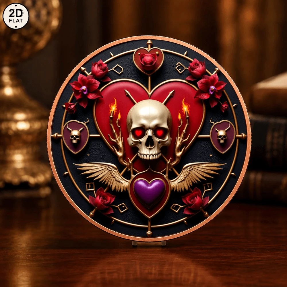 1pc Fine Copper Valentine Gothic Skull Challenge Coin Dark Fantasy Red Rose Heart Commemorative Medal Gifts for Dark Myth Fans