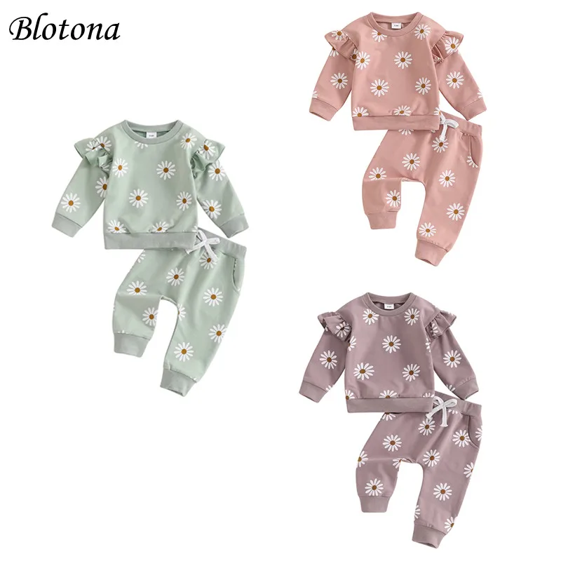 

Blotona Toddler Girl Fall Outfit Daisy Print Long Sleeve Sweatshirt with Elastic Waist Pants 2 Pcs Set 0-3Y