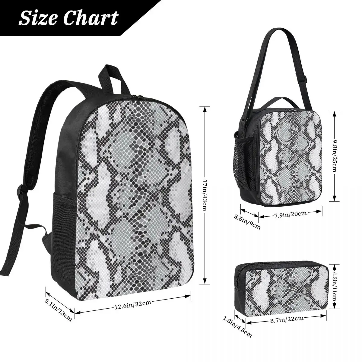 Gray Snake Skin Animal Print Backpack Boys Girls BookBag School Bag Laptop Shoulder Bags 3ps Insulated Lunch Bag Pencil Case