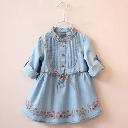 2024 primavera autunno nuovo 3 4 6 8 10 12 anni ricamo fiore lungo manica corta doppio uso Denim blu bambini ragazza vestito con cintura