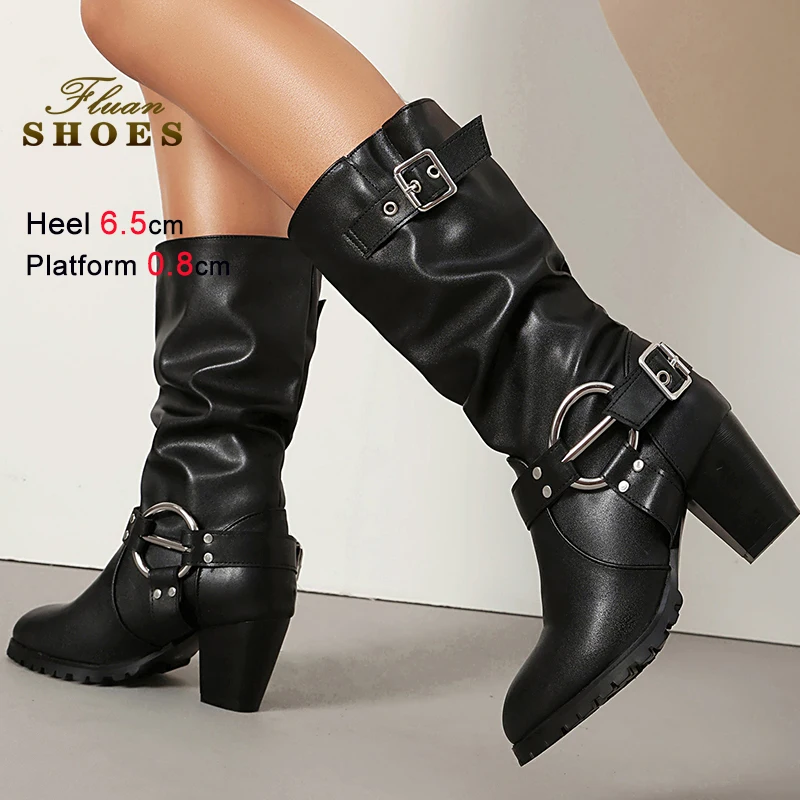 

Fashion Fall Winter Black Rivets Women's Mid-Calf Boots Round Toe Thick Heels 6.5cm Ladies Knight Boots Female Belt Clasps Boots