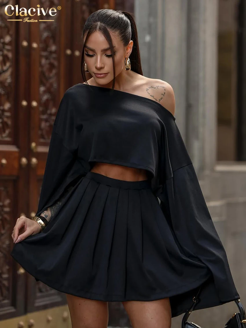 Clacive Sexy Loose Black Women's Two Pieces Set 2025 Fashion Long Sleeve Crop Top With High Waist Pleated Mini Skirt Set Female