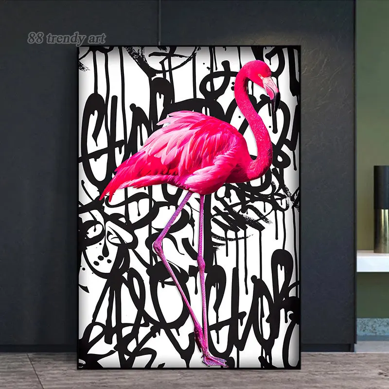 Fashion Home Decoraion Painting Pink Flamingo Graffiti Art Canvas Poster Beautiful Animal Wall Art Picture Girl Room Decor Mural