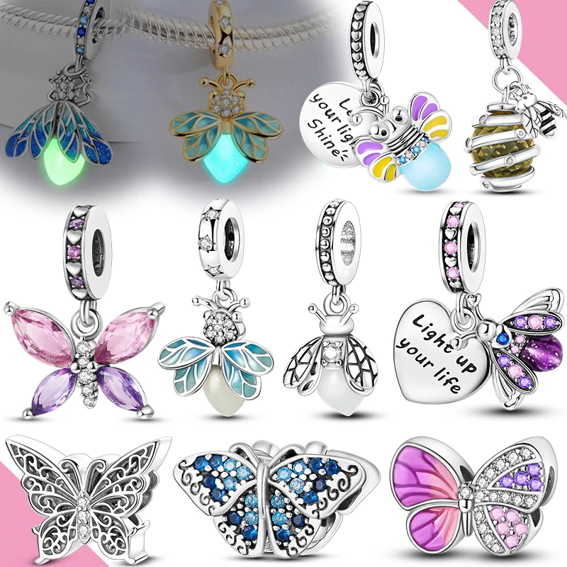 Perles breloque originales en argent 925, pendentif papillon luciole lumineux, idéal pour Bracelet, fabrication de bijoux