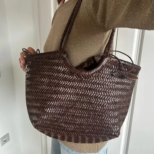 Bolsos de mano tejidos de piel de vaca 100% Natural, bolsos de mano de cuero genuino para mujer, bolsos de compras grandes de piel de vaca Vintage para mujer