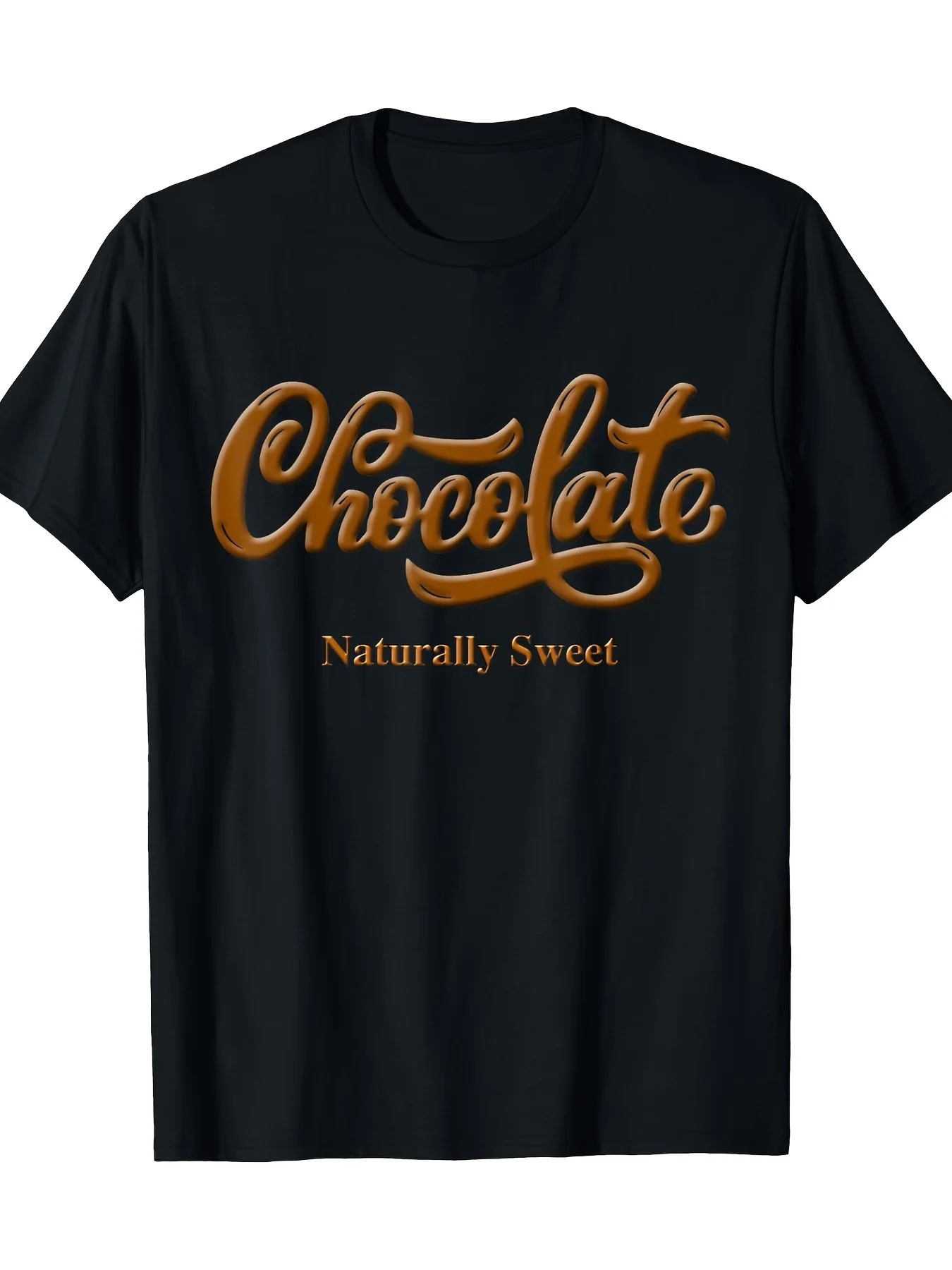 Black Short-Sleeved Graphic Tee Featuring 'Chocolate' in Elegant Cursive And 'Naturally Sweet' in Bold Lettering - a Striking Design for Chocolate Enthusiasts, with a Comfy Crew Neck, Ideal for Casual Outings Or Lounging