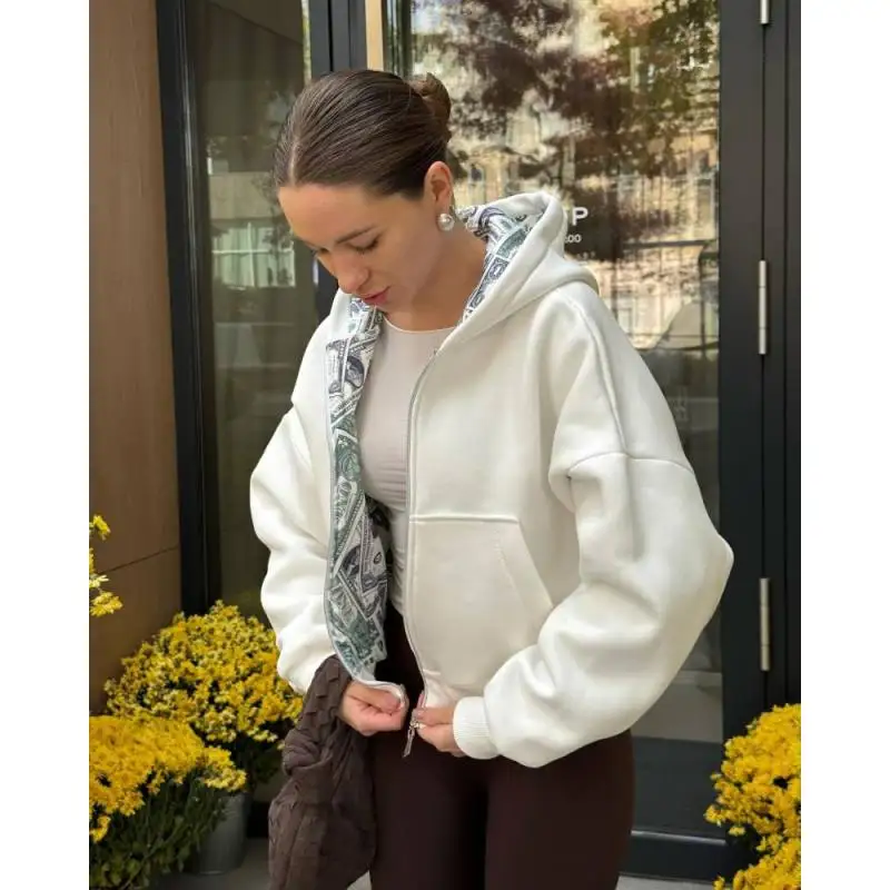 Dollar Print Lined Hoodie Women's 2025 Trendy White Oversized Zip-Up Sweatshirt Street Fashion Casual Top