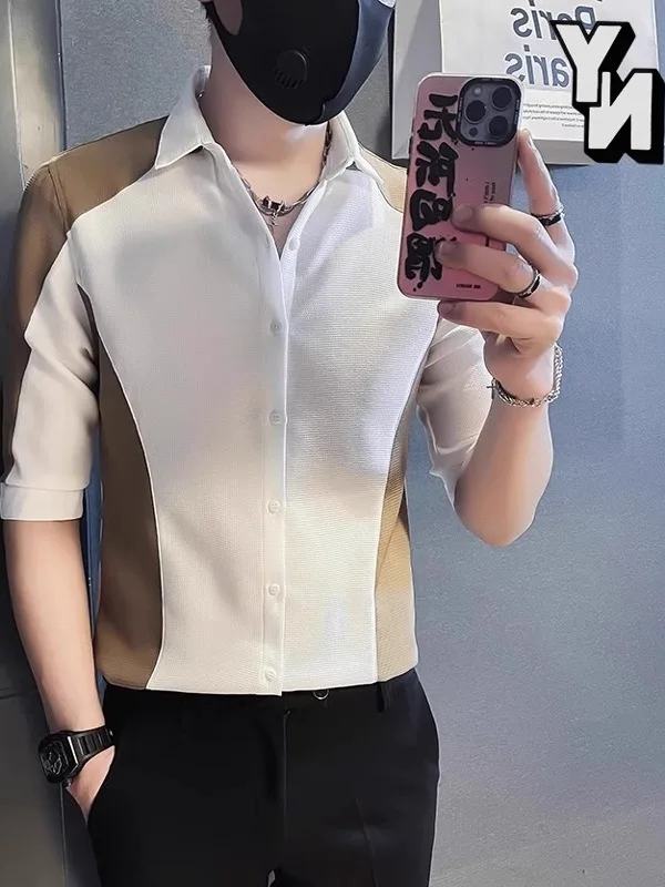 

Summer Men's Shirt Trendy Splice Color Collision Sleeve Design Casual Fashion Short Sleeve Slim Fit Square Collar Daily Wear