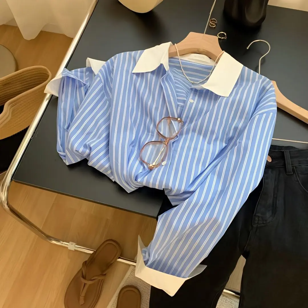 

Blue White Striped Chiffon Shirt Women Spring Autumn Versatile Chic Turndown Collar Top Classic Single Breasted Loose Blouse