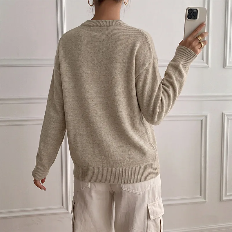 MsChuh Women's Pullovers 2026 Autumn/Winter New Style Round Neck Solid Color Button Contrast Splicing Fake Two Piece Sweaters 2