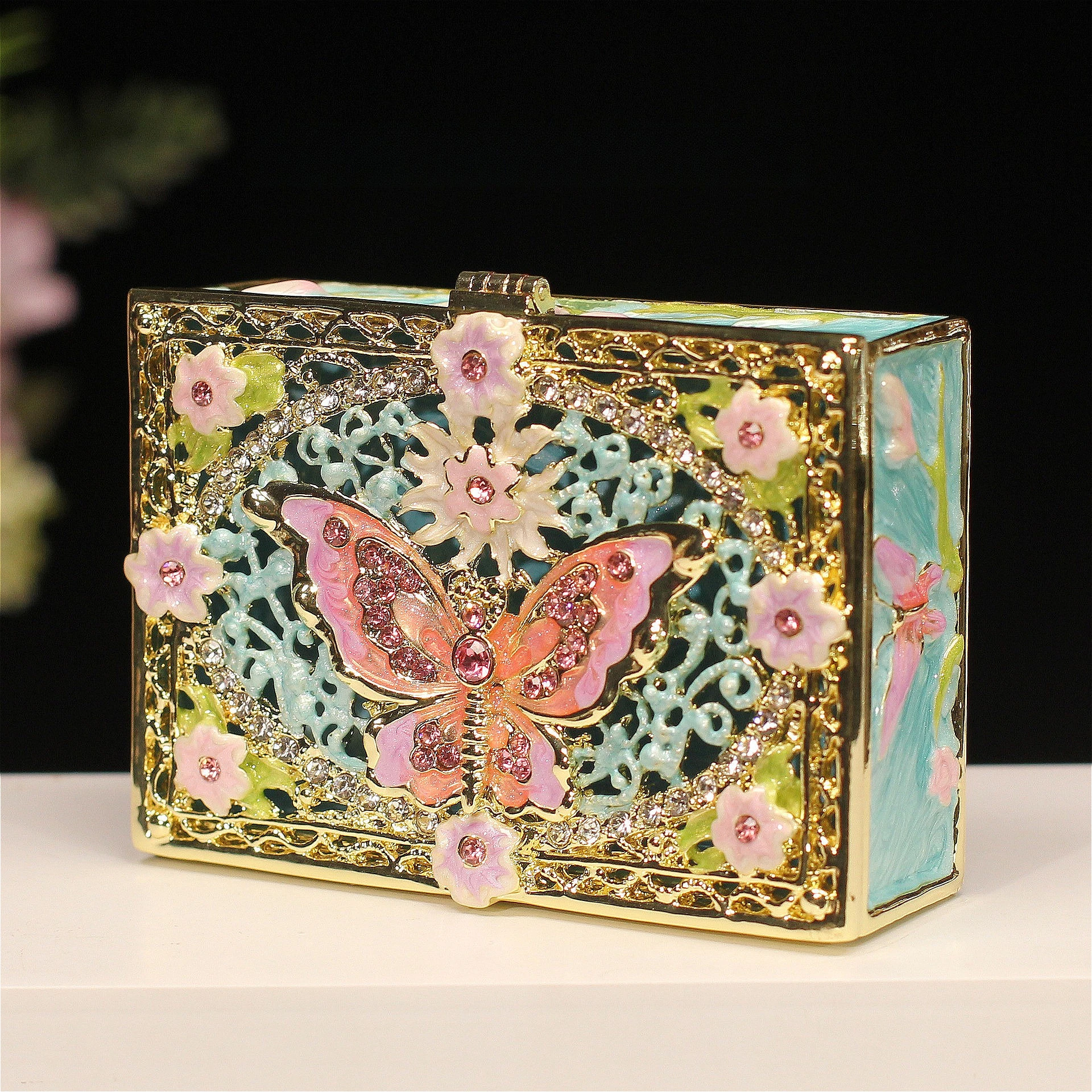 Metal Cloisonne Butterfly Jewelry Box, Square Light Luxury Vanity Organizer, Creative Home Decor Craft Figurine