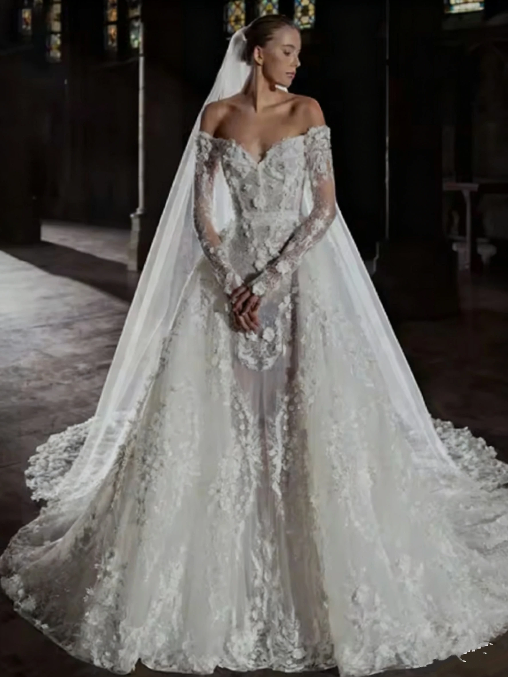 Luxurious Detachable Train Wedding Dress 3d Flower With Bead Embroidery Mermaid Ball Gown Full Sleeve Sweetheart Neck Customized