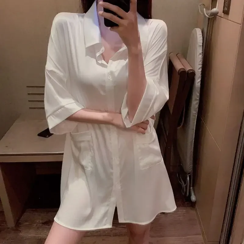 Nightdress Women Spring Summer Ice Silk Sexy Thin Sleepshirts White Shirt Internet Red Mid-length Artificial Silk Pajamas 2024